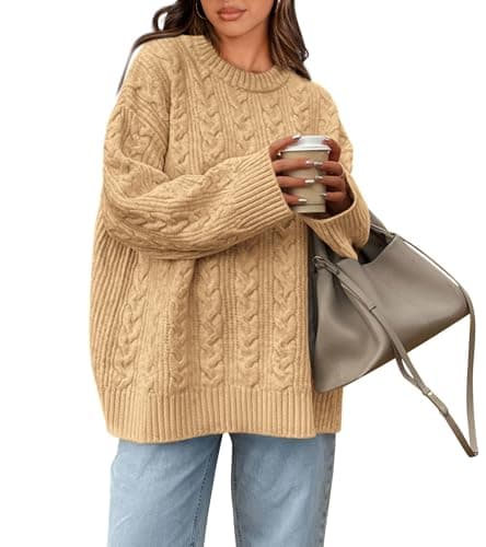 Okiwam Women's Oversized Sweaters Crewneck Cable Knit Pullover Casual Loose Fall Outfits Spring Fashion Clothes 2026-S Light Khaki - Image 1