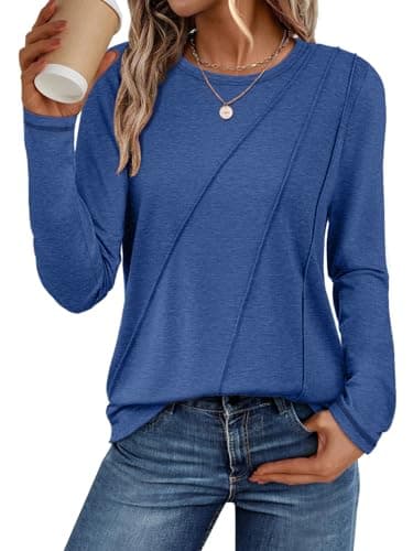 ATHMILE Womens Long Sleeve Shirts Pleated Crew Neck Casual Fall Fashion Ladie Tops Loose Fit Spring Clothes Beach Vacation Blue - Image 1