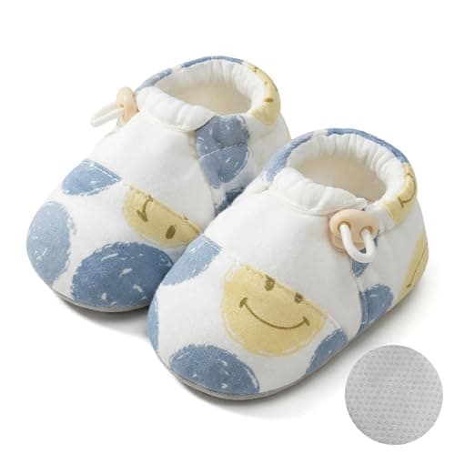 HOVELL Baby Booties with Adjustable Cord Lock Newborn Stay-on Boots Soft Cozy Cotton Non-Slip Gripper Crib Shoes for Infants Boys(SmileFace,6-12Months) - Image 1