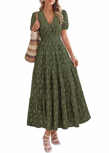 KIRUNDO Womens Boho Maxi Dress Summer Short Sleeve V Neck Floral Flowy A Line Formal Wedding Guest Baby Shower Long Dresses(Army Green, XX-Large) - Image 1