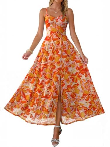 Caracilia Women's Summer Maxi Dresses Floral Mesh Spaghetti Strap Split Formal Wedding Guest Cocktail Party Beach Long Dress Orange Yellow Floral XL - Image 1