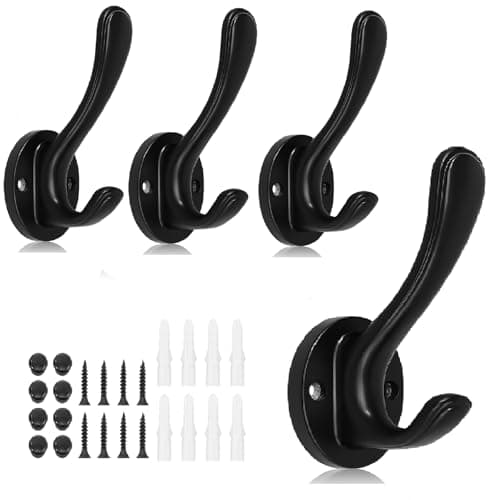 Dntorx 4 Pack Black Towel Hooks Heavy Duty for Bathrooms, Coat Hooks Wall Mounted Metal Double Hook Wall Hooks for Hanging Towel Key Coats Hats Robe Clothes - Image 1