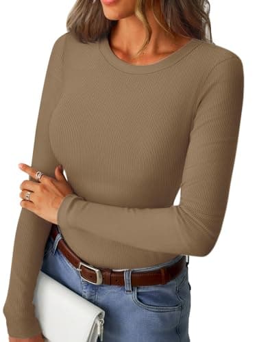 GKBK Ribbed Long Sleeve Shirts for Women Fitted Basic Tight T-Shirts Crewneck Cute Layering Tops Lightweight Fall Sweaters 2026 Fashion Clothes Outfits Light Khaki - Image 1