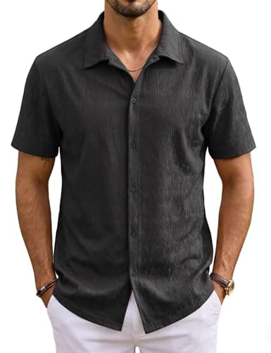 URRU Mens Short Sleeve Dress Shirts Business Casual Button Down Shirts Stretch Wrinkle Free Beach Summer Shirt Black S - Image 1