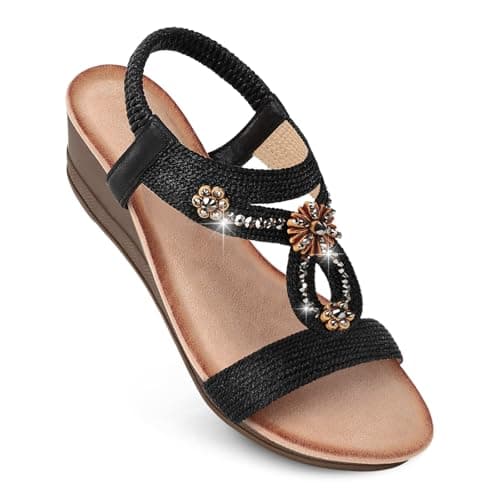 Goldnut Black Wedge Sandals for Women Dressy, Woman's Sandal Comfortable Black Low Wedges Heels Ankle Elastic Strap Sandles with Flower Rhinestones Size 10.5 - Image 1