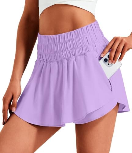 Hugut Women's Ruffle Skirt Overlay High Waisted Tennis Athletic Shorts for Running Workout Golf Two Zipper Pockets Lavender - Image 1