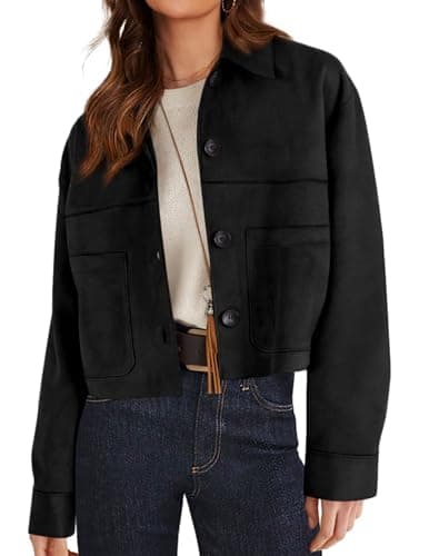 PRETTYGARDEN Women's Faux Suede Cropped Jacket Casual Lightweight Fall Fashion 2026 Winter Coats Outerwear Trendy Clothes (Black,Large) - Image 1