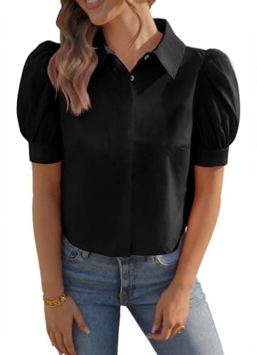 Tankaneo Womens Cropped Button Down Shirts Summer Puff Short Sleeve Collared Tops Dressy Casual Cotton Blouse Black - Image 1