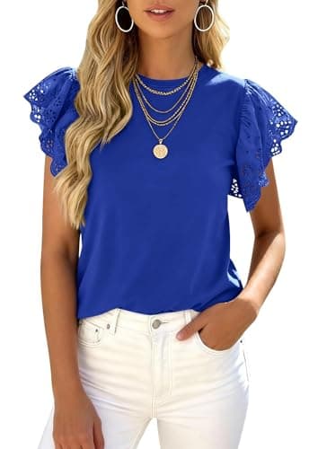 PRETTYGARDEN Womens Tops Dressy Casual Hollow Out Short Sleeve Summer Basic Tees 2026 Crewneck T Shirts Trendy Work Blouse (Royal Blue, Large) - Image 1
