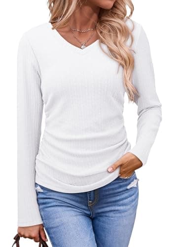 Dokotoo Long Sleeve Shirts for Women Comfy Fashion V Neck Solid Womens Tops Dressy Casual Trendy Loose Comfy Lightweight Basic Tee Shirts Ladies Business Side Ruched Slim Fitted Blouses White Medium - Image 1