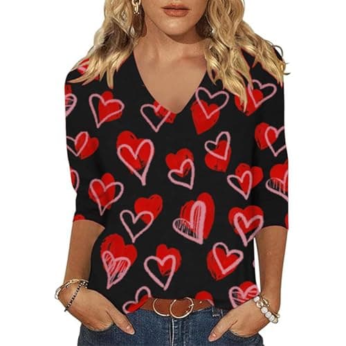 Valentine 3/4 Sleeve V Neck T Shirts for Women Love Heart Graphic Tee Red Valentine's Tops Casual Spring Day Blouse - Image 1