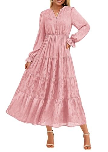 KIRUNDO Spring Wedding Guest Dresses for Women 2026 Maxi Floral Long Sleeve Elegant Ruffle Tiered Flowy Party Long Dress(Pink, Medium) - Image 1