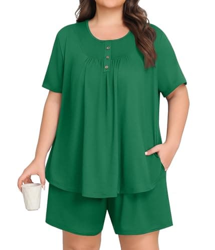Lastshe Women Plus Size Pajama Set Summer Short Sleeve Shorts Henley Neck Pjs 2 Piece Soft Lounge Set with Pockets Sleepwear,Dark Green-4X - Image 1