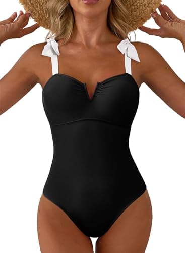Aleumdr Retro One Piece Swimsuit for Women Tummy Control Bathing Suits V Neck Boho Tie Shoulder Color Block Monokini Swimming Athletic Swimwear Black XX-Large - Image 1