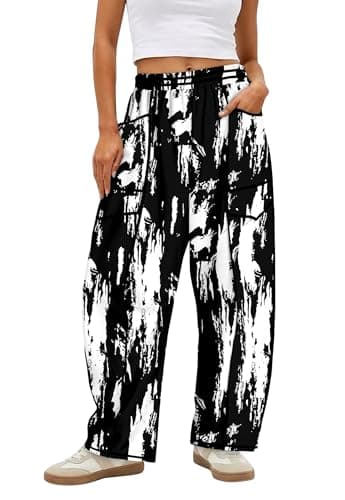 Magritta Baggy Pants for Women Elastic Waist Floral Lightweight Palazzo Lounge Wide Leg Casual Pants Black White Medium - Image 1