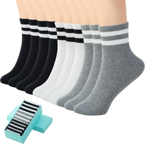 SISOSOCK Quarter Crew Cotton Socks for Women Striped Athletic Casual Breathable Socks 6-10 Pairs with Gifts Box - Image 1
