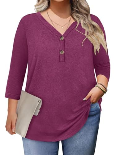 3/4 Length Sleeve Womens Tops Summer Plus Size Clothes Spring Beach Fashion Clothing for Women Blouses Dressy Casual Oversized Tshirts V Neck T Shirts Business Casual Vacation Outfits 2026 Red 2XL - Image 1