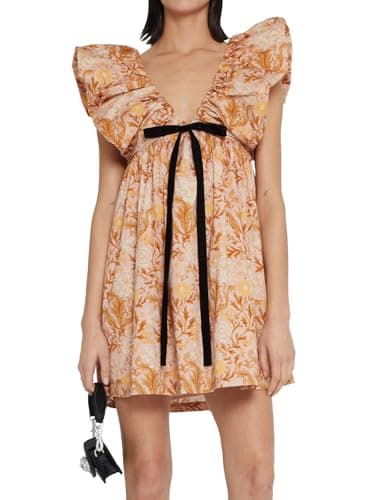 hibshaby Women's Floral Print Mini Dress V Neck Puff Sleeve Short Babydoll Bow Dress XS - Image 1