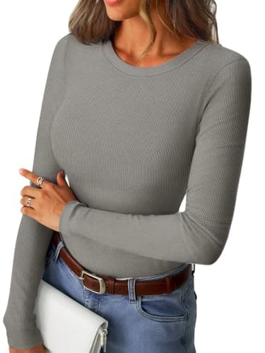 GKBK Womens Long Sleeve Ribbed Tops Fitted Stretch Casual Crewneck Basic Tee Shirts Tight Layering 2026 Fall Fashion Outfits Light Grey - Image 1