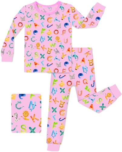babee Reshinee Bamboo Viscose Toddler Girls Kids Pajama Sets 2-3T Snug fit Long-Sleeve Softness Sleepwear Pjs 2pcs Jammies Alphabet Zoo - Image 1