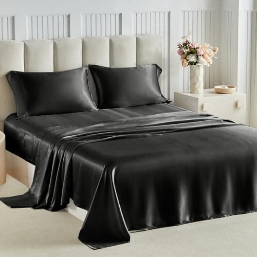 Tokokimo Satin Sheets CKing Size 4 PC - 16" Deep Pocket Silky Soft Bed Sheets, Wrinkle-Free Black Satin Silk Sheet, Hair & Skin Saver Bed Sheets Set with 1 Fitted Sheet, 1 Flat Sheet, 2 Pillow Cases