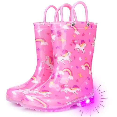 Funspread Rain Boots for Girls Toddlers - Light Up Kids Rainboots Boots Waterproof Lightweight Rain Shoes with Handles Light Pink Size 10 - Image 1