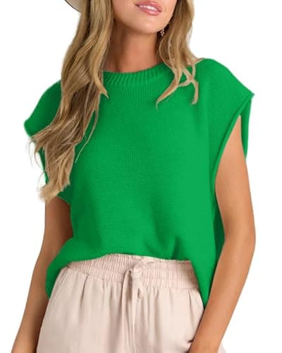Neweek Green Sweater Vest for Women Crew Neck Short Sleeve Sweaters 2026 Spring Summer Lightweight Casual Loose Fit Knit Striped Tops, M - Image 1