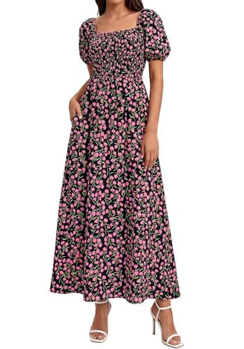 BTFBM Spring Summer Dresses for Women 2026 Puff Short Sleeve Smocked Floral Print Boho Beach Wedding Guest Maxi Dress(Floral Black Pink, X-Large) - Image 1