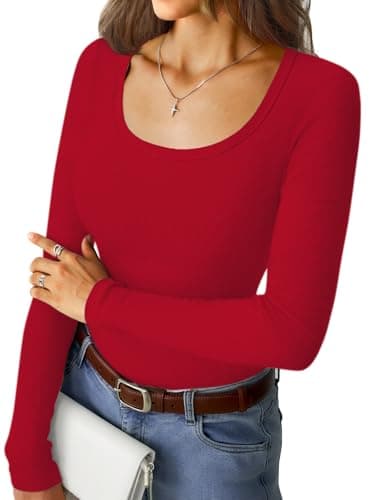 GKBK Ribbed Long Sleeve Tops for Women Scoop Neck Fitted Basic Tight T-Shirts Cute Layering Tops Lightweight Fall Sweaters 2025 Fashion Outfits Winter Clothes Red - Image 1