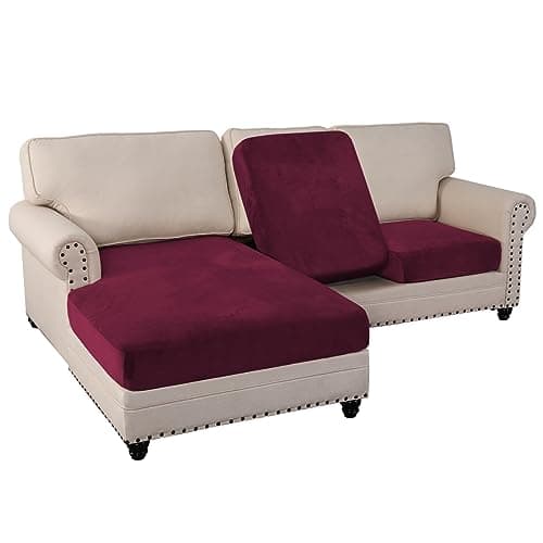 PrinceDeco Sectional Couch Covers 3 Pieces Velvet Sofa Covers L Shape Soft Couch Covers for Sectional Sofa Corner Sofa Cover Couch Cover for Dogs Washable (2 Seater + 1 Chaise,Burgundy) - Image 1