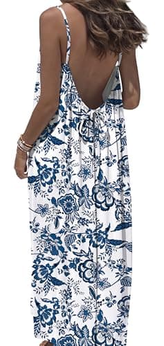 OFEEFAN Boho Maxi Dress Womens Summer Dresses Sundresses Italian Dress Backless Spaghetti Strap Beach Vacation Essentials Casual Lounge Dresses Floral Blue L - Image 1