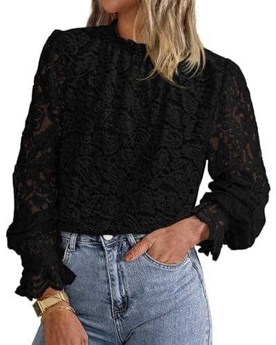 KIRUNDO Blouses for Women Dressy Casual Lace Long Sleeve Tops Mock Neck Ruffle Hem Shirts Fall Fashion Clothes(Black, XX-Large) - Image 1