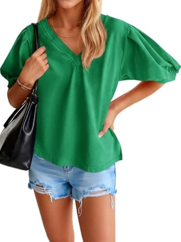 Tankaneo Womens Short Puff Sleeve T-Shirts V Neck Summer Casual Tops Loose Fit Cotton Blouse Tees Shirts Green - Image 1