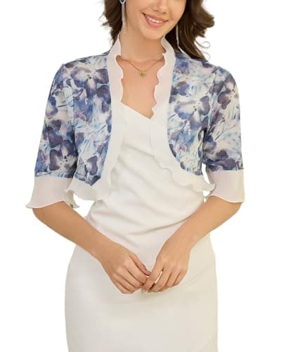 Molirex Bolero for Women Summer Open Front Sheer Shrugs 3/4 Sleeve Chiffon Cardigans Flowy Cropped Wraps Floral Blue M - Image 1