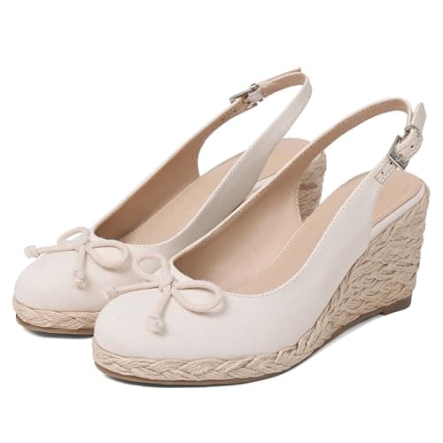 EQAUDES Wedges for Women Platform Sandanl Espadrilles Bow Summer Adjustable - Closed Toe, Slingback with Buckle, Cute, Raffia, Dressy Shoes - Image 1