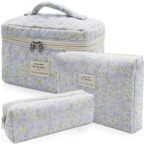 Gosect 3pc Makeup Bag Set, Quilted Makeup Bag Set, Large Floral Cosmetic Bag for Women, Cute Cotton Makeup Bags, Flower Travel Toiletry Organizer Bag (Green Leaves Blue Flowers) - Image 1