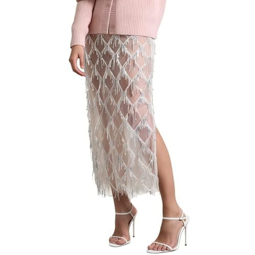 AXX Women's Sequin Fringe Midi Skirt - Sheer Mesh Sparkly Tassel Skirt with Side Slit, Elastic Waist Glitter Party Club (US, Alpha, Small, Regular, Regular, White) - Image 1