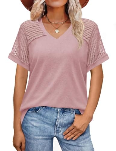 JUSTFASHIONNOW Cute Summer Tops for Women 2025 Trendy Short Sleeve Shirts V Neck Vintage Tees Casual Ladies Blouses Spring Outfits Pink S - Image 1