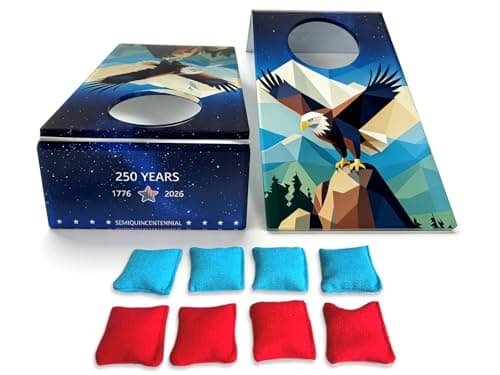 Mini Acrylic Cornhole Game Set, 4.7" x 8.1" Portable Tabletop Bean Bag Toss Game with 2 Boards and 8 Bean Bags, Patriotic 250th Anniversary Design, Desktop Cornhole for Travel Office Games - Image 1