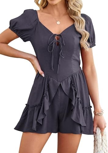 ECOWISH Women Summer Short Romper Puff Short Sleeve Tie Front V Neck Ruffle Cute Rompers Dress Outfits with Pockets Grey Purple Medium - Image 1