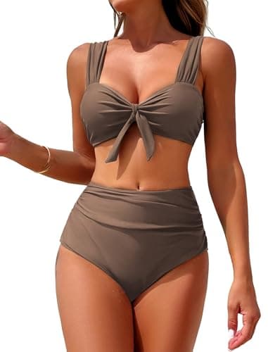 ZAFUL Swim Suits for Women 2026 Tie Knot Ruched High Waisted Bikini Sets for Women Tummy Control Two Piece Swimsuit Coffee Brown S - Image 1