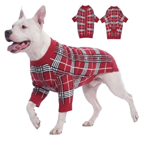 LovinPet Large Dog Sweater - Classic British Plaid Red Windproof Knit Sweater, Cozy Two-Legged Design for Medium & Large Dogs, Warm Vest for Cold Weather,L - Image 1