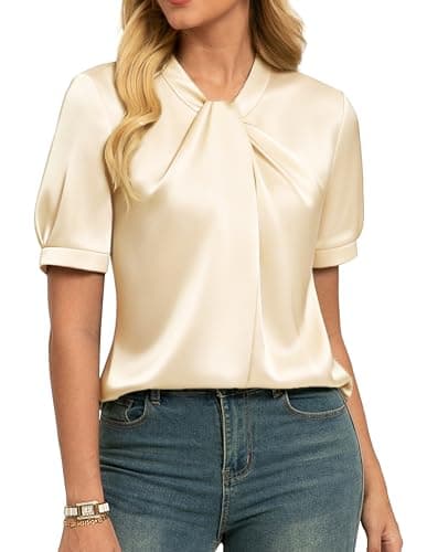 GRACE KARIN 2026 Women Satin Tops Short Sleeve Blouse Mock Neck Work Silk Shirts Business Casual Outfits Champagne S - Image 1