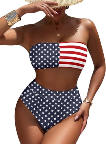 Pink Queen Women's 2 Piece Plus Size Bating Suit Removable Strap High Waisted Bikini Set Swimsuits American Flag 2XL - Image 1