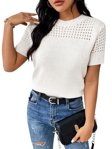 RICHSTORY Womens Tops Dressy Casual Solid Round Neck Short Sleeve Sweaters Soft Lightweight Hollow Out Knit Tunic Blouses Cute Summer T Shirts White XX-Large - Image 1