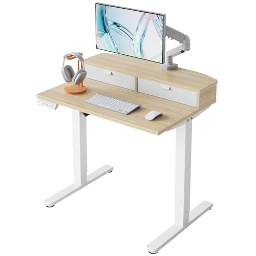 HUANUO 32 x 21 inch Small Electric Standing Desk with 2 Drawers, C-Clamp Mount Compatible, Height Adjustable Sit Stand Desk, Home Office Stand Up Desk with 4 Memory Height Settings, Light Walnut - Image 1