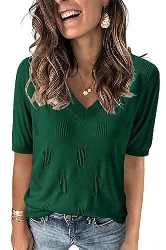 Arach&Cloz Women's Summer Fall Tops 2025 Short Sleeve Plus Size Sweaters V Neck Trendy Fashion Knit Clothes Dressy Cute Casual Outfits Business Work Blouse Green S - Image 1