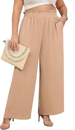 Lastshe Women's Plus Size Casual Versatile Commute Pants High Waisted Wide Leg Dressy Pants Straight Petite Lounge Business Semi Formal Trousers,Khaki,1X - Image 1