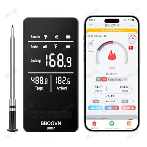 BBQOVN Smart WiFi Wireless Meat Thermometer, Sub-1G Long Range 1000FT, 7 NIST Certified Sensors in 1 Thinner Probe ±0.5℉ Accuracy, Standalone Base with App, IP68 Waterproof for BBQ Grill Smoker Oven - Image 1