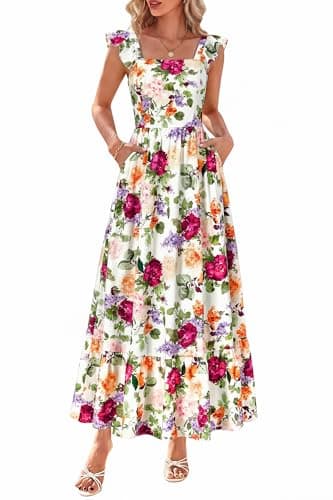 dowerme Womens Summer Dresses 2026 Ruffle Sleeve Square Neck Floral Boho Midi Dress Spring Smocked Beach Party Sundress(Floral White Multicolored,Small) - Image 1